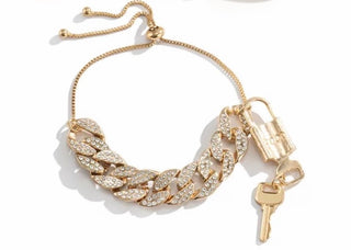 Chunky Gold Bracelet | Crystal Link & Padlock | Costume Jewelry
