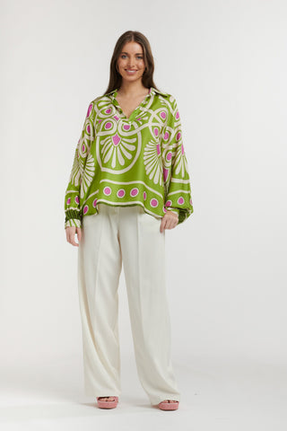 Urban Luxury Motif Print Long Sleeve Shirt | Lime Cream