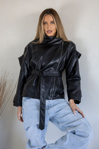 The Paris Faux Leather Belted Jacket | Black