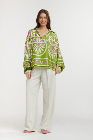 Urban Luxury Motif Print Long Sleeve Shirt | Lime Cream