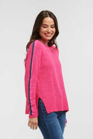 Racer Round Neck Knit | Fuxia