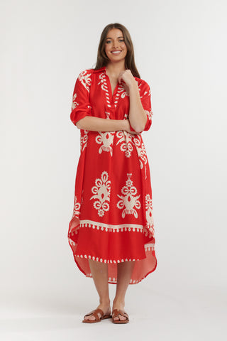 Urban Luxury Motif Print Dress | Red Cream