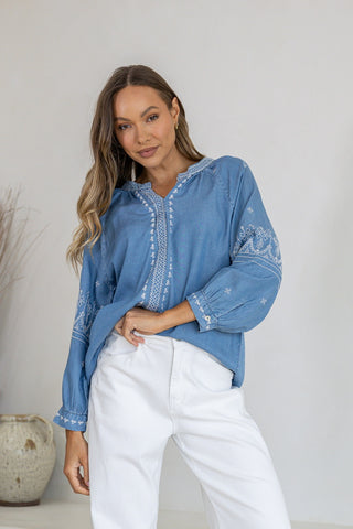 Western Embelished Chambray Top | Light Denim