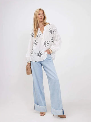 Paros Blouse | White Dark Navy
