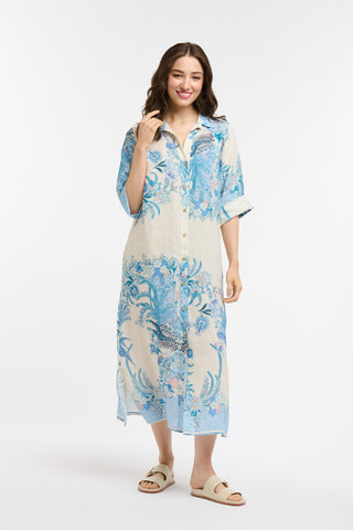Linen Shirt Dress | Cream Blue