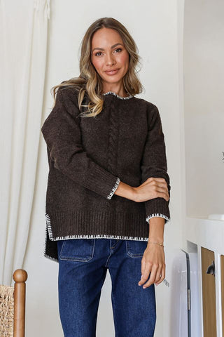 Cable Knit with Blanket Stitching | Chocolate