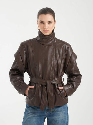 The Paris Faux Leather Belted Jacket | Chocolate