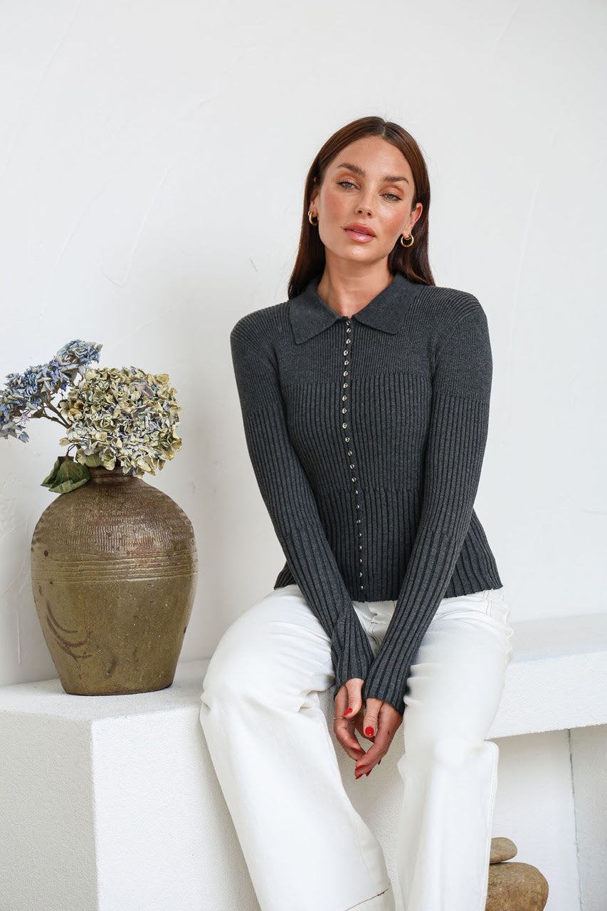 Mazzie Ribbed Top | Charcoal