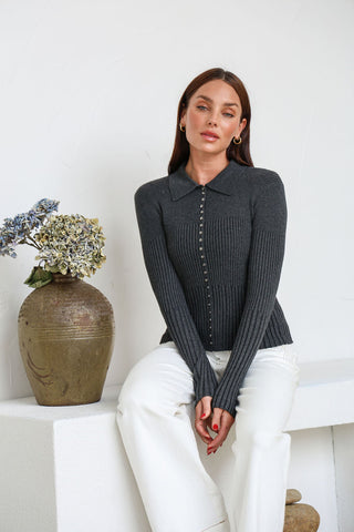 Mazzie Ribbed Top | Charcoal