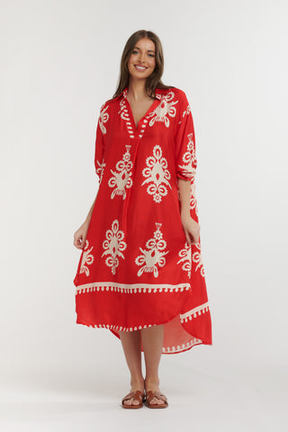 Urban Luxury Motif Print Dress | Red Cream