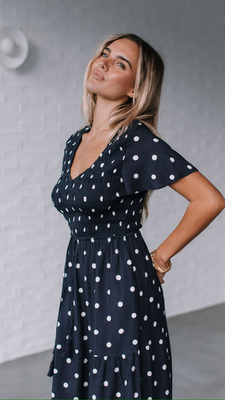 Polka Dot Midi Dress | Navy