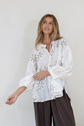 Paros Blouse | White & Chocolate