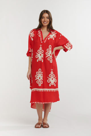 Urban Luxury Motif Print Dress | Red Cream