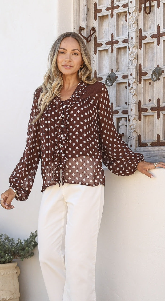 Ruffle Polka Dot Blouse | Chocolate