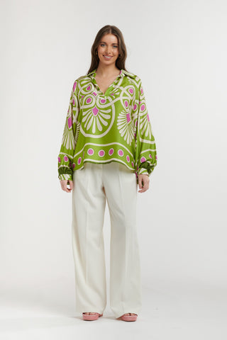 Urban Luxury Motif Print Long Sleeve Shirt | Lime Cream