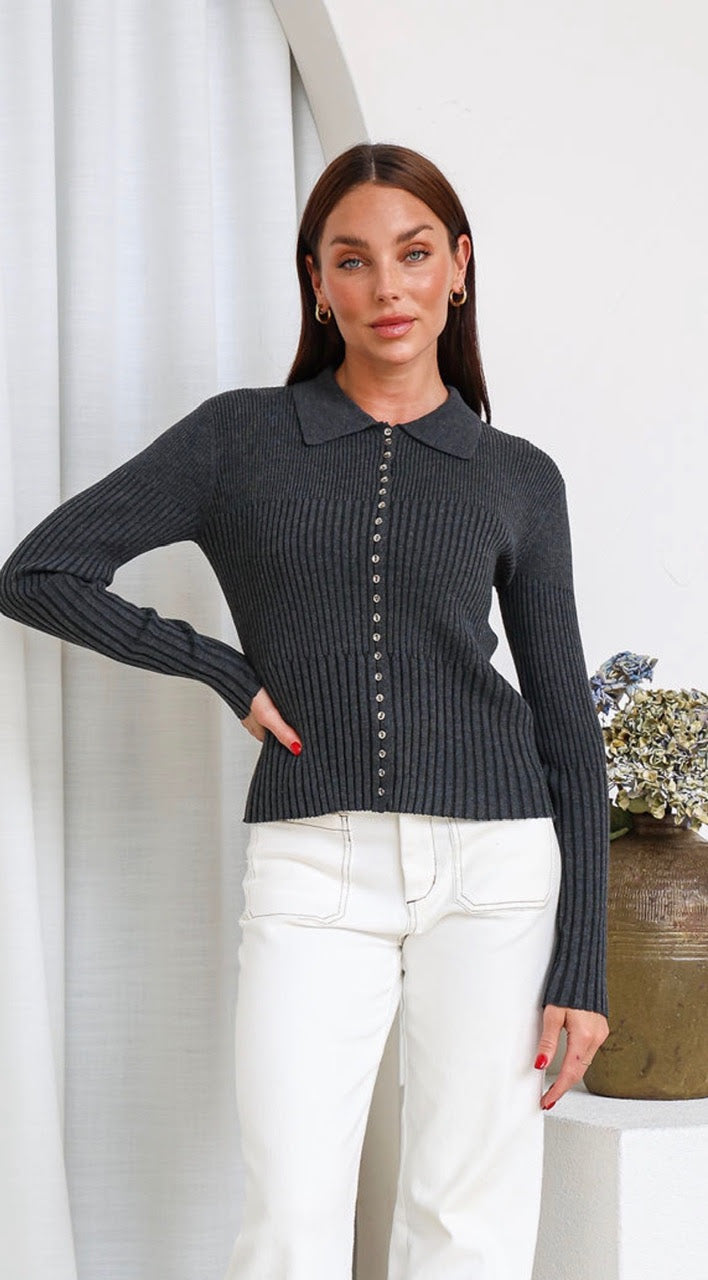 Mazzie Ribbed Top | Charcoal