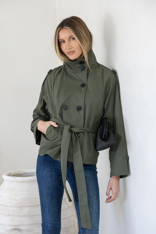 Liza Cropped Funnel Neck Trench | Khaki
