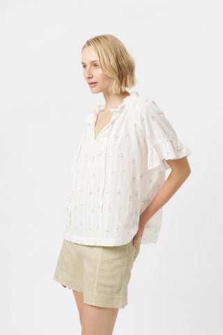 Patricia Shirt | White with White & Green Flower