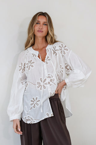 Paros Blouse | White & Chocolate