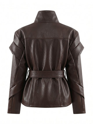 The Paris Faux Leather Belted Jacket | Chocolate
