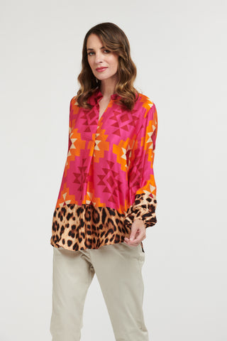 Geometric & Leopard Blouse | Orange Pink