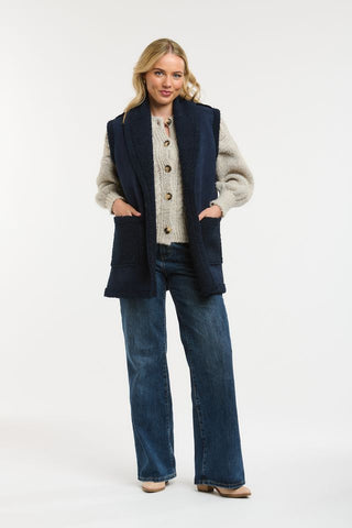 Faux Shearling Long Vest | Navy