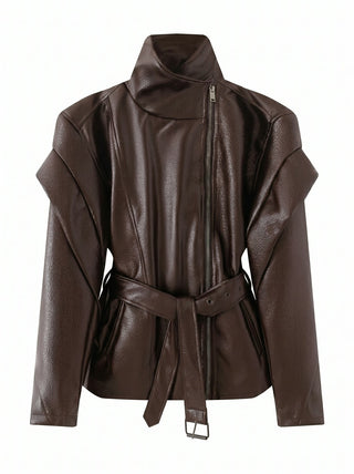 The Paris Faux Leather Belted Jacket | Chocolate