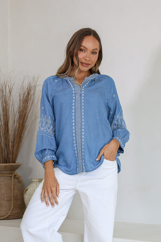 Western Embelished Chambray Top | Light Denim