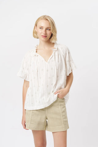 Patricia Shirt | White with White & Green Flower