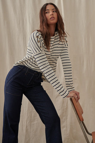 Juliette Top - White with Navy Stripe