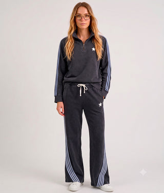 Wide Leg Track Pants | Washed Charcoal & soft grey stripes