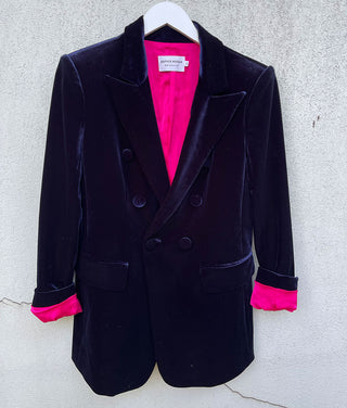 Velvet Double Breasted Blazer | Navy with Pink lining