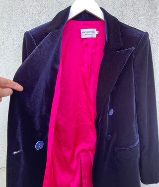 Velvet Double Breasted Blazer | Navy with Pink lining
