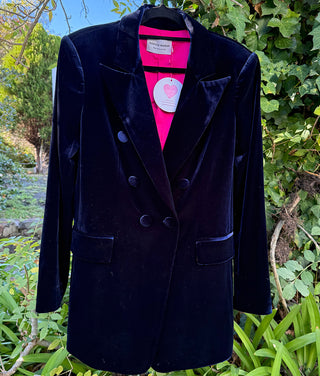 Velvet Double Breasted Blazer | Navy with Pink lining