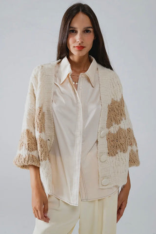 Chunky Knit Stripped Cardigan with Sequin Detail | Cream