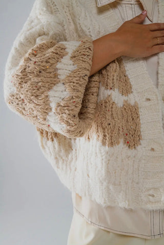 Chunky Knit Stripped Cardigan with Sequin Detail | Cream