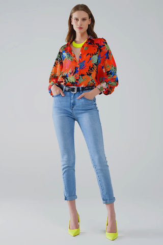 Floral Ballon Sleeve Chiffon Shirt | Coral