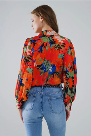 Floral Ballon Sleeve Chiffon Shirt | Coral