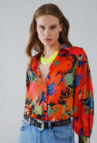 Floral Ballon Sleeve Chiffon Shirt | Coral