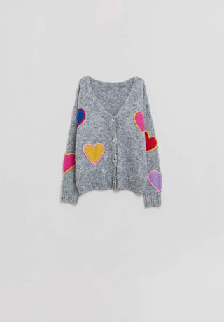 Cardigan with Embroidered Hearts | Grey