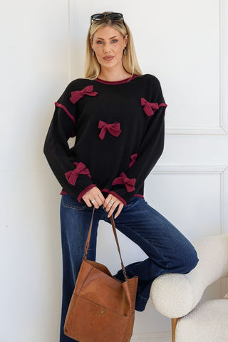 Bow Trim Knit Top | Black Wine