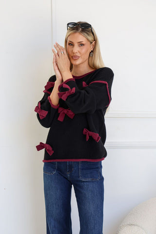 Bow Trim Knit Top | Black Wine