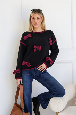 Bow Trim Knit Top | Black Wine