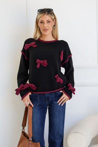 Bow Trim Knit Top | Black Wine