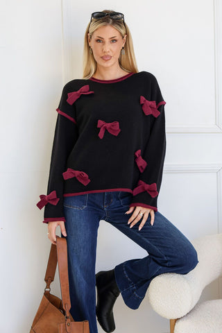 Bow Trim Knit Top | Black Wine