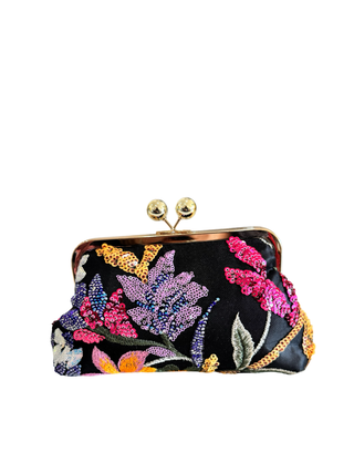 Sequince Floral Motif Handbag | Black Multi colour