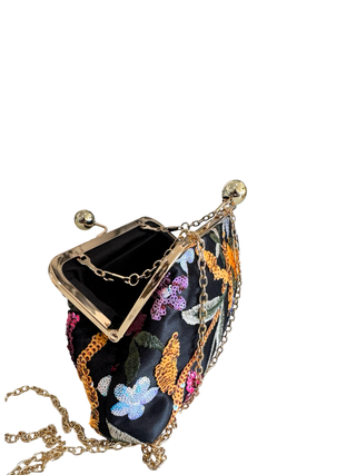 Sequince Floral Motif Handbag | Black Multi colour