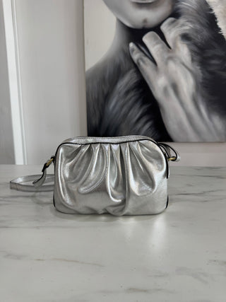 Nina Metallic Leather Hand Bag | Silver