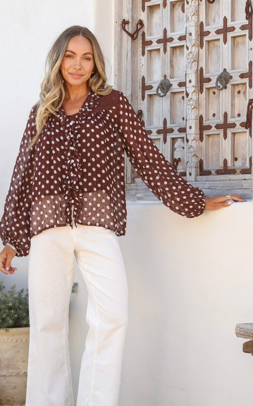 Ruffle Polka Dot Blouse | Chocolate