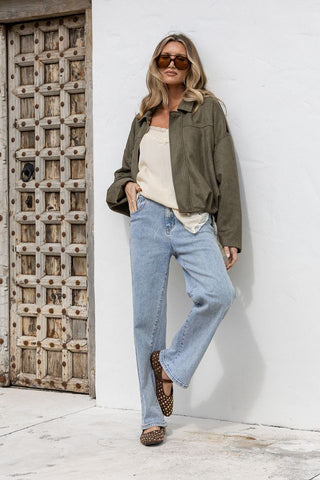 Amara Faux Suede Bomber Jacket | Khaki